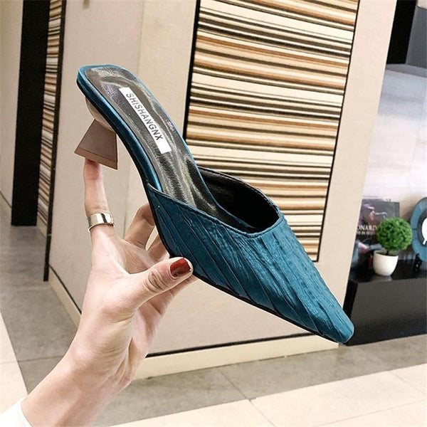 Pointed Toe Beige High heel Muller slippers women  summer shoes woman Fashion Satin Shallow Rubber sole female shoes