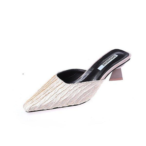 Pointed Toe Beige High heel Muller slippers women  summer shoes woman Fashion Satin Shallow Rubber sole female shoes