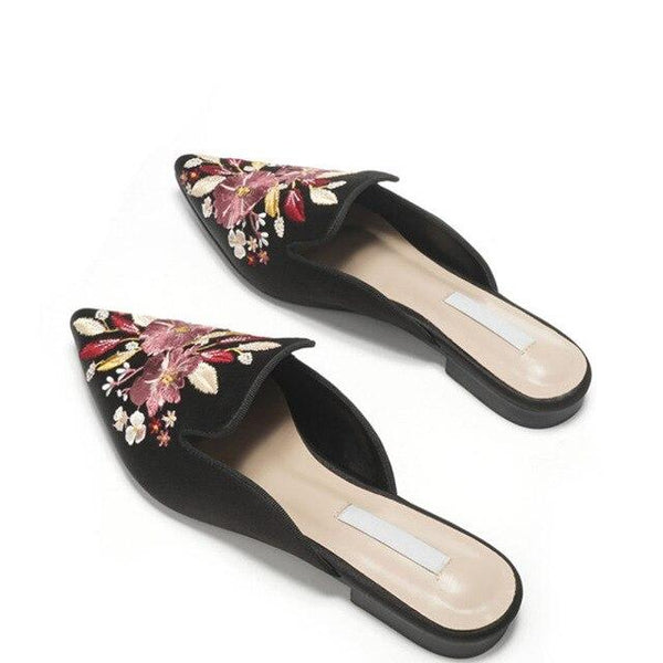 Women's embroidered Muller shoes  summer new low-heeled lazy sandals classical satin embroidery pointed toe flat slippers