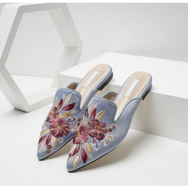 Women's embroidered Muller shoes  summer new low-heeled lazy sandals classical satin embroidery pointed toe flat slippers